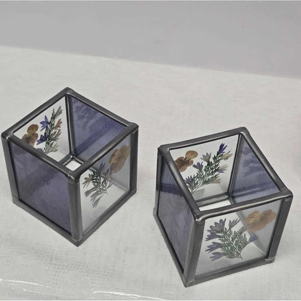Vintage Pressed Dried Flower Stained Glass Tealight Votive Candle Holders Set